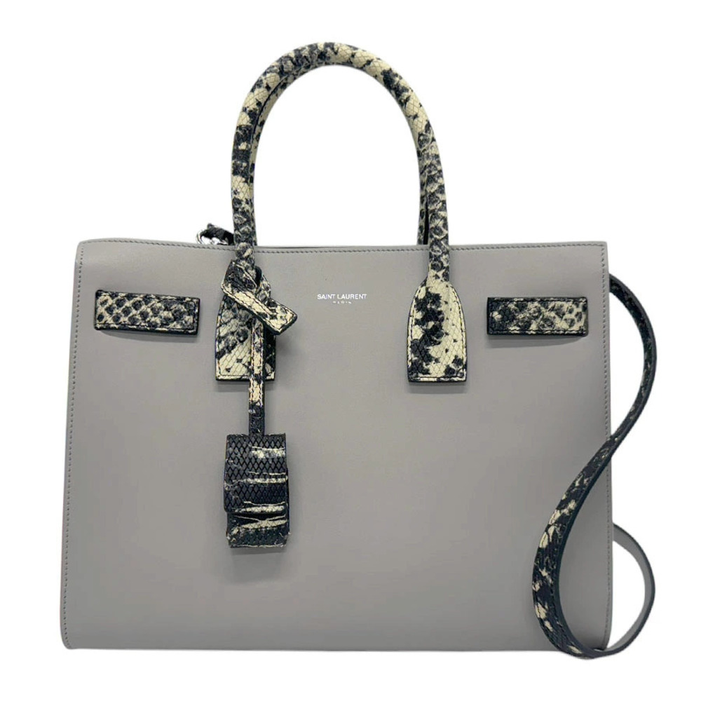 Saint Laurent Sac de Jour Baby Shoulder Bag Leather Embossed Gray Ivory White